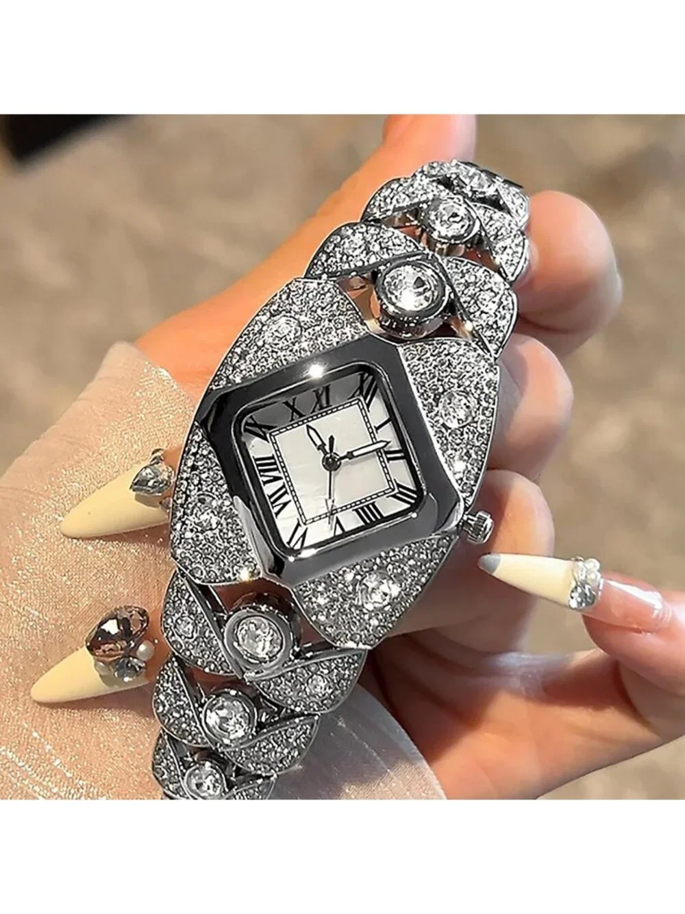 Women's Silver White Rhinestone Bracelet Roman Numerals Dial Stylish Wrist Watch